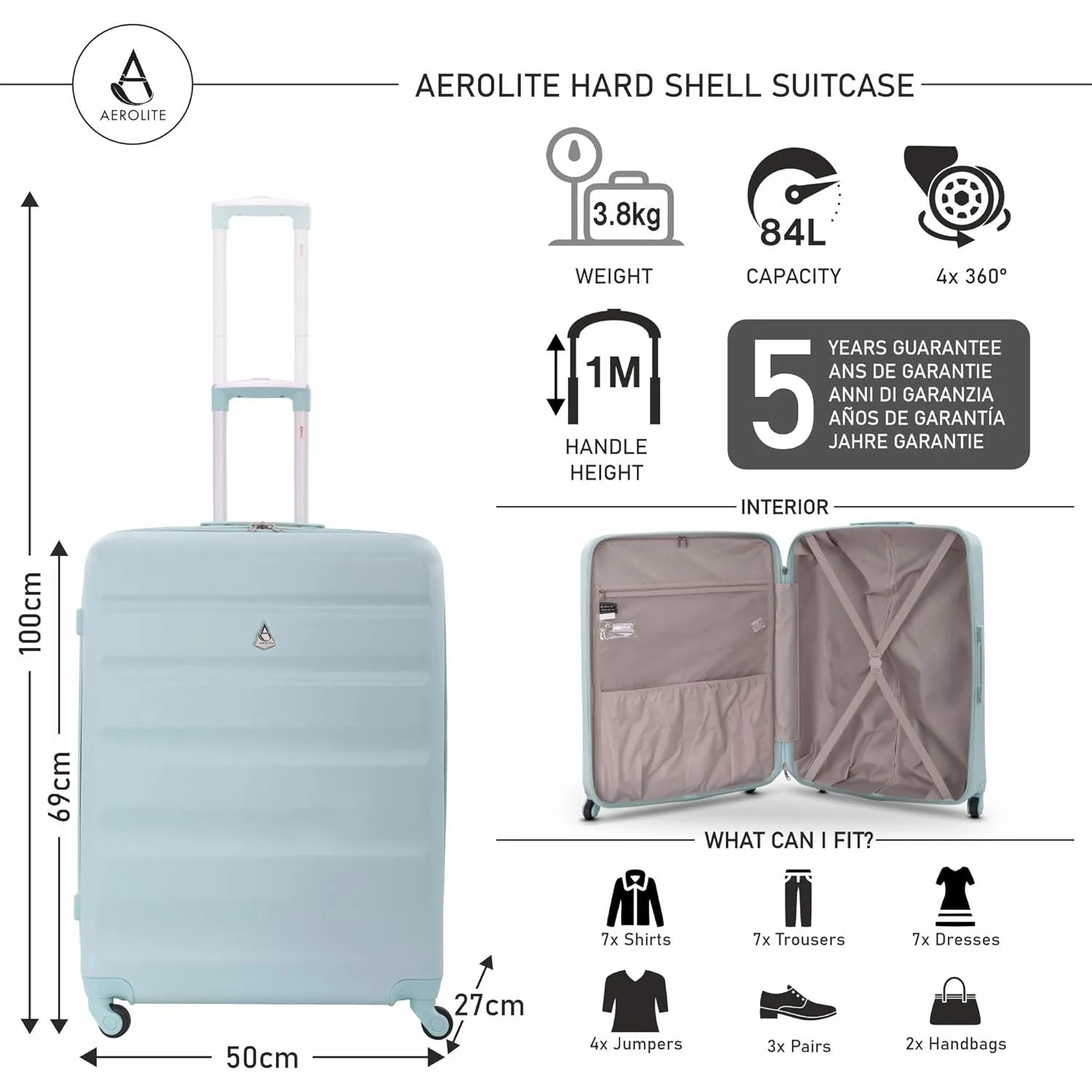 Aerolite 25" (69x50x27cm) Medium Lightweight Hard Shell Checked In Hold Luggage Suitcase with 4 Wheels, 82L Capacity