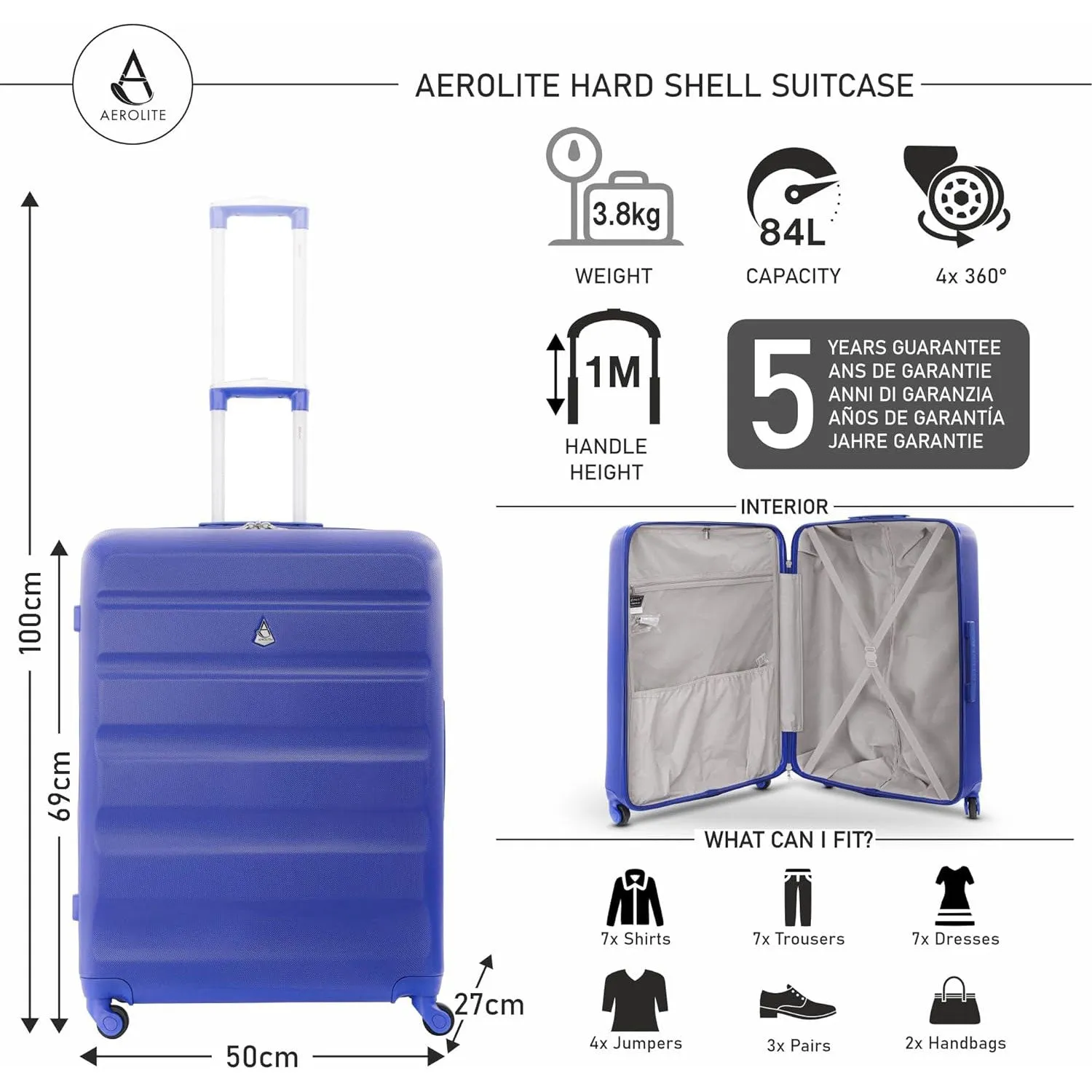 Aerolite 25" (69x50x27cm) Medium Lightweight Hard Shell Checked In Hold Luggage Suitcase with 4 Wheels, 82L Capacity