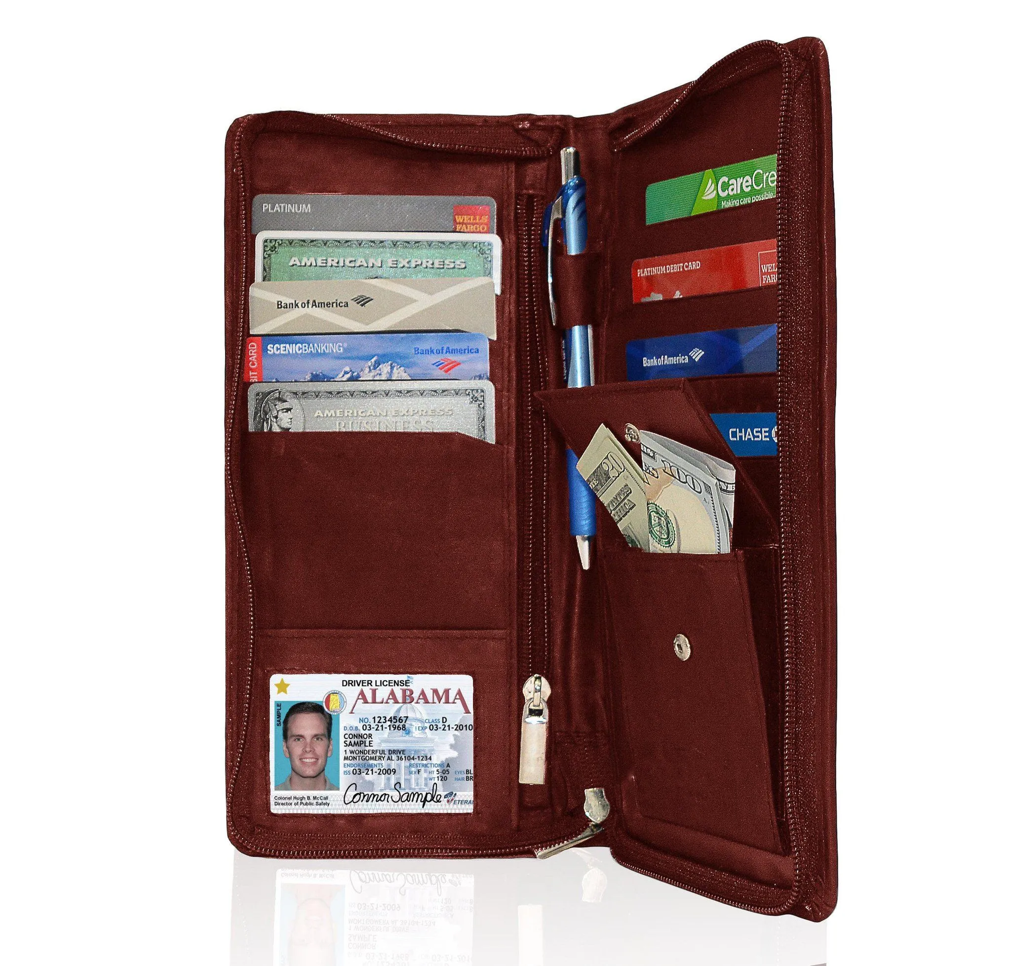 Genuine RFID-Blocking Men's Leather Bifold Wallet Organizer Checkbook Card Case - Burgundy