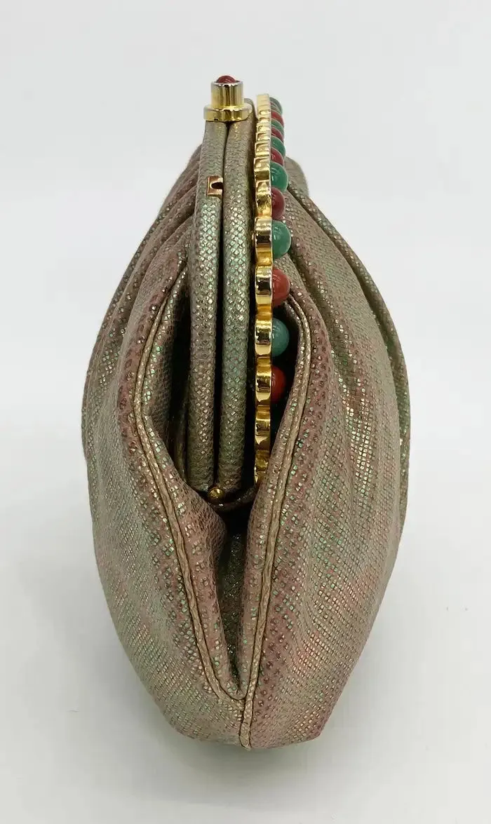 Judith Leiber Pink and Green Metallic Lizard Clutch