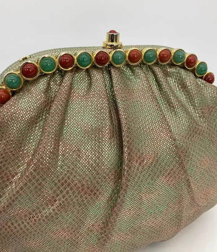 Judith Leiber Pink and Green Metallic Lizard Clutch