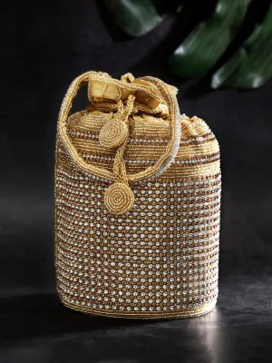 Rubans Gold Coloured Potli Bag With Embroided Design Of Stones.